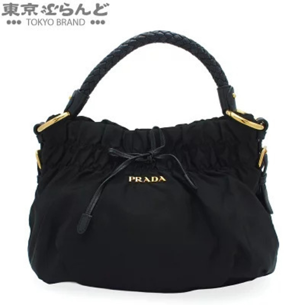 Prada Hobo Bag Tessuto Leather Gathered Ribbon Handbag Black